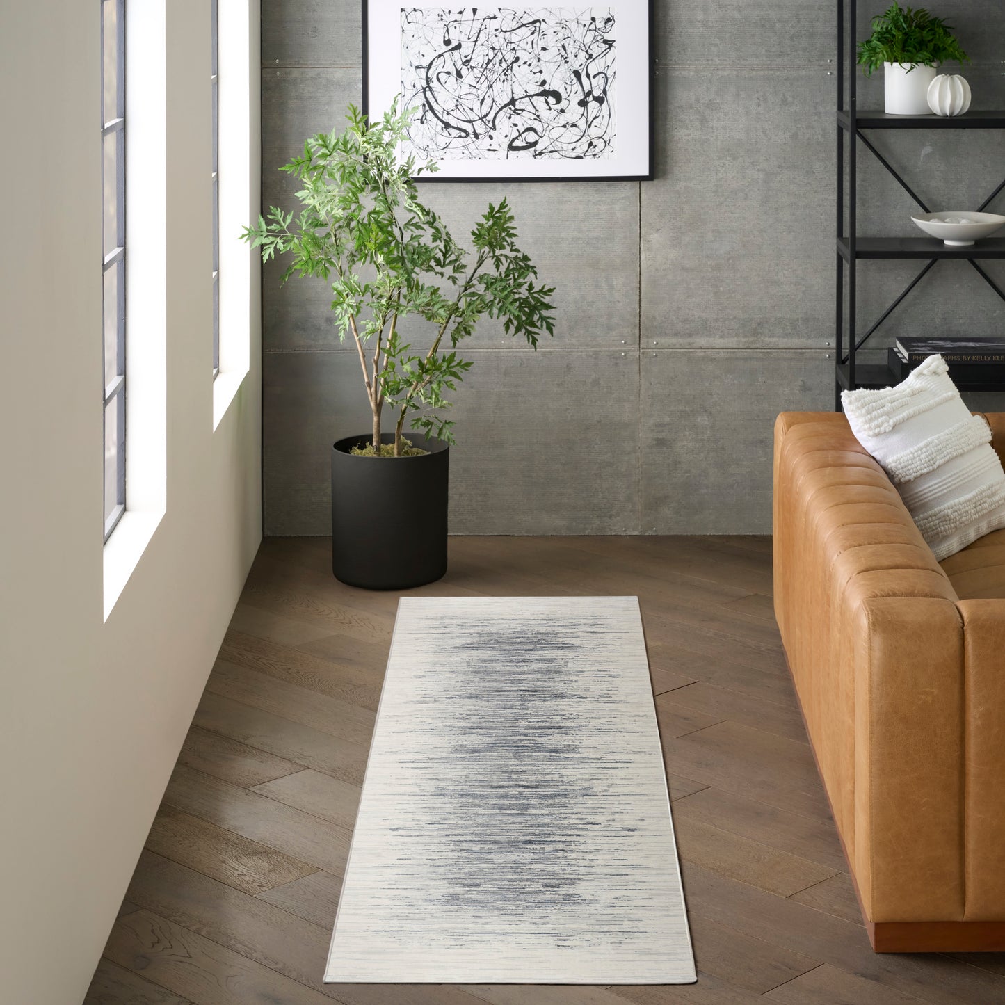 DKNY Grand Street 2'2" x 10' Ivory Blue Modern Indoor Rug
