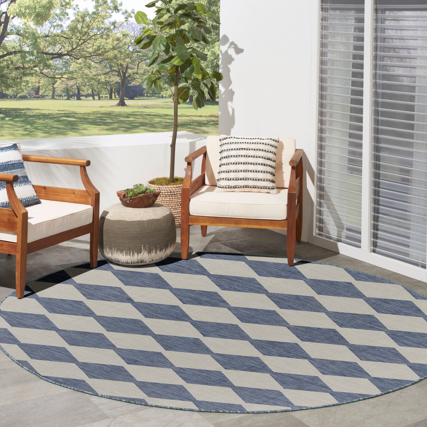Nourison Positano 8' x Round Navy Blue Modern Rug