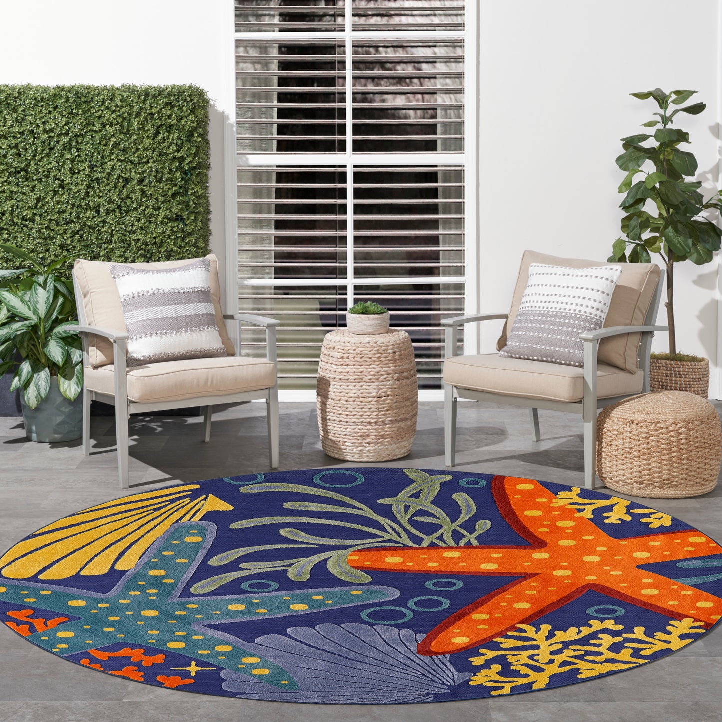 Nourison Aloha 5'3" x Round Navy Multicolor Outdoor Rug