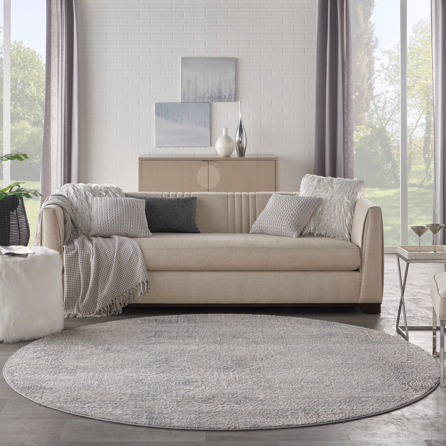 Nourison Rustic Textures 7’10” x Round Ivory Light Blue Vintage Indoor Rug