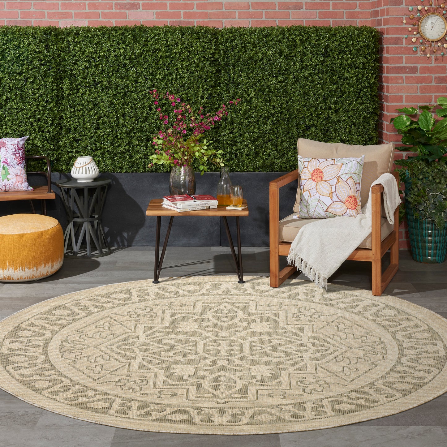 Nourison Tulum 8' x Round Taupe Olive Outdoor Rug
