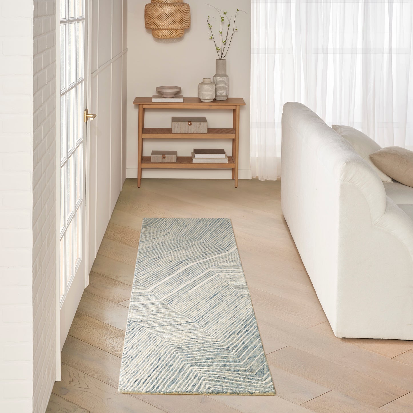 DKNY Pure Angles 2'3" x 7'6" Ivory Blue Modern Indoor Rug