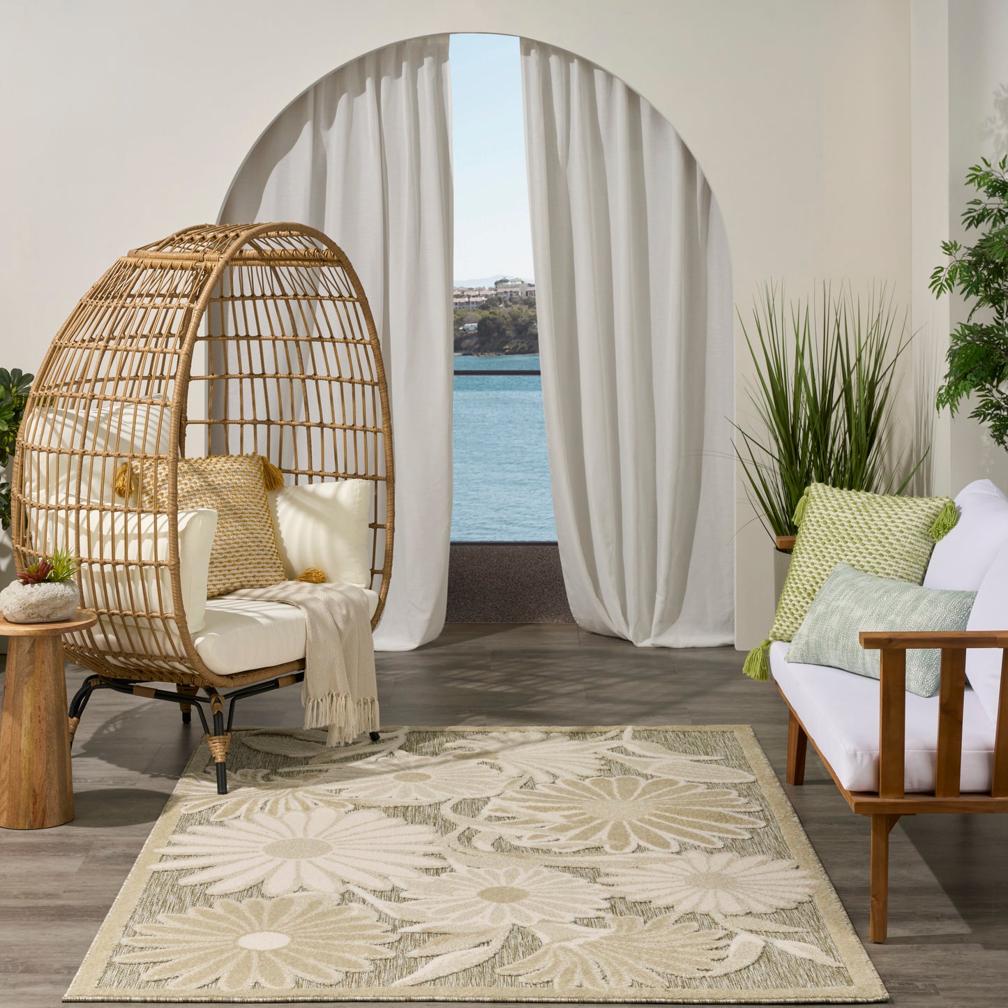 Nourison Aloha 5'3" x 7'5" Ivory Sage Outdoor Rug