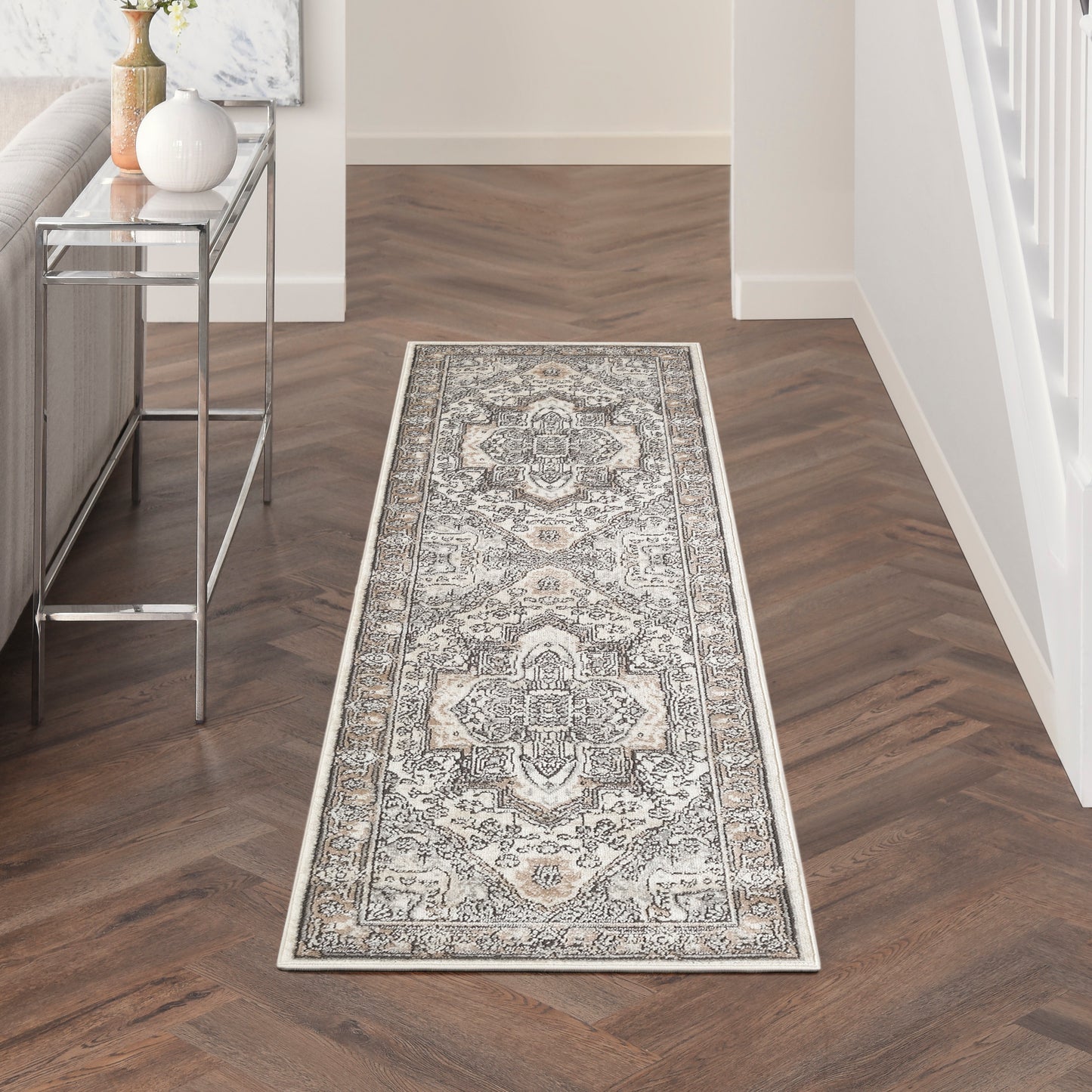 Nourison Quarry 2'2" x 10' Ivory Grey Taupe Vintage Indoor Rug