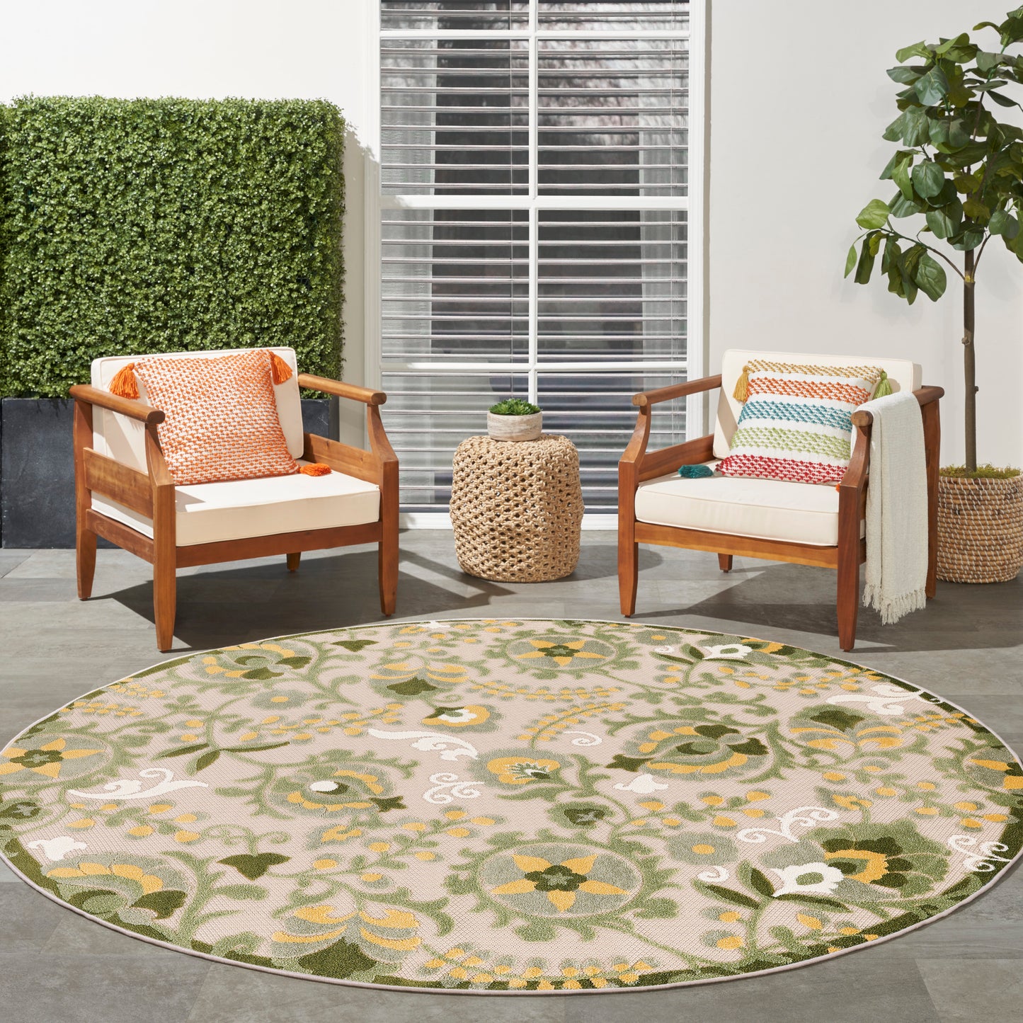 Nourison Aloha 5'3" x Round Ivory Green Outdoor Rug