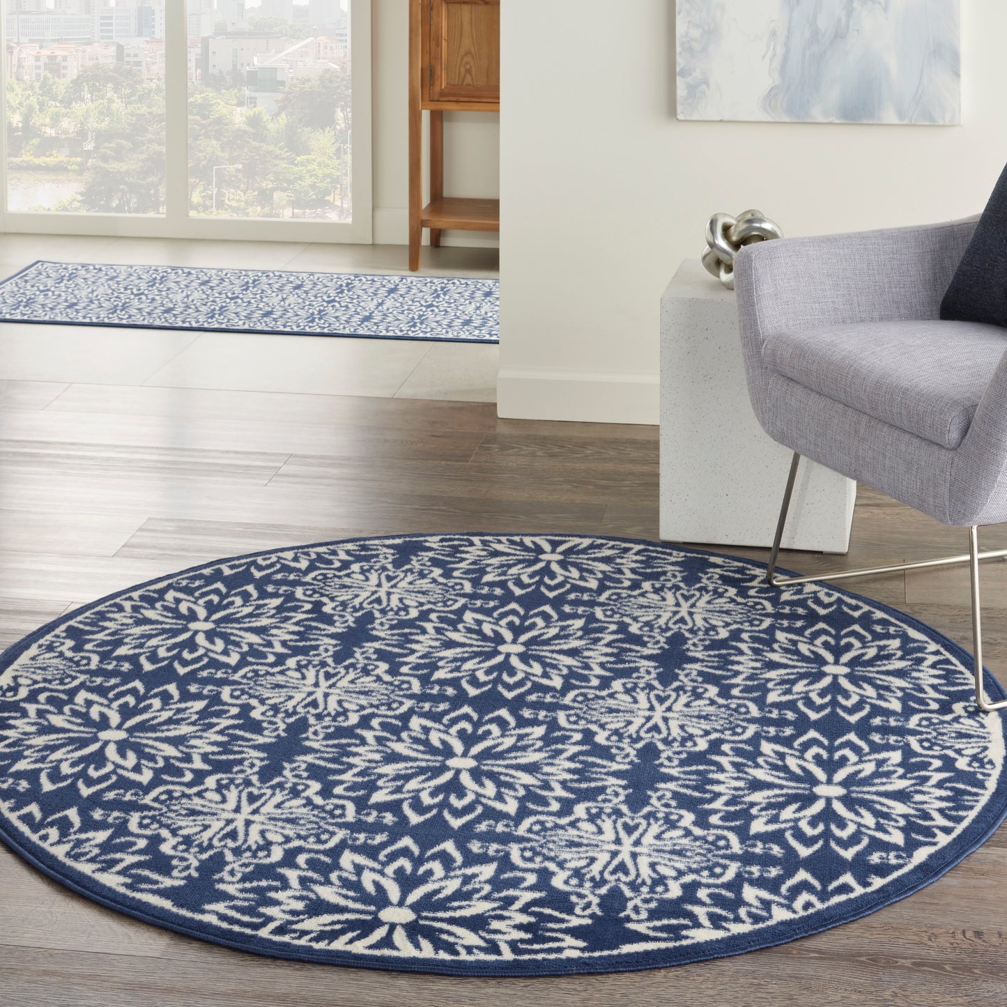 Nourison Jubilant 5'3" x Round Navy/Ivory Farmhouse Indoor Rug