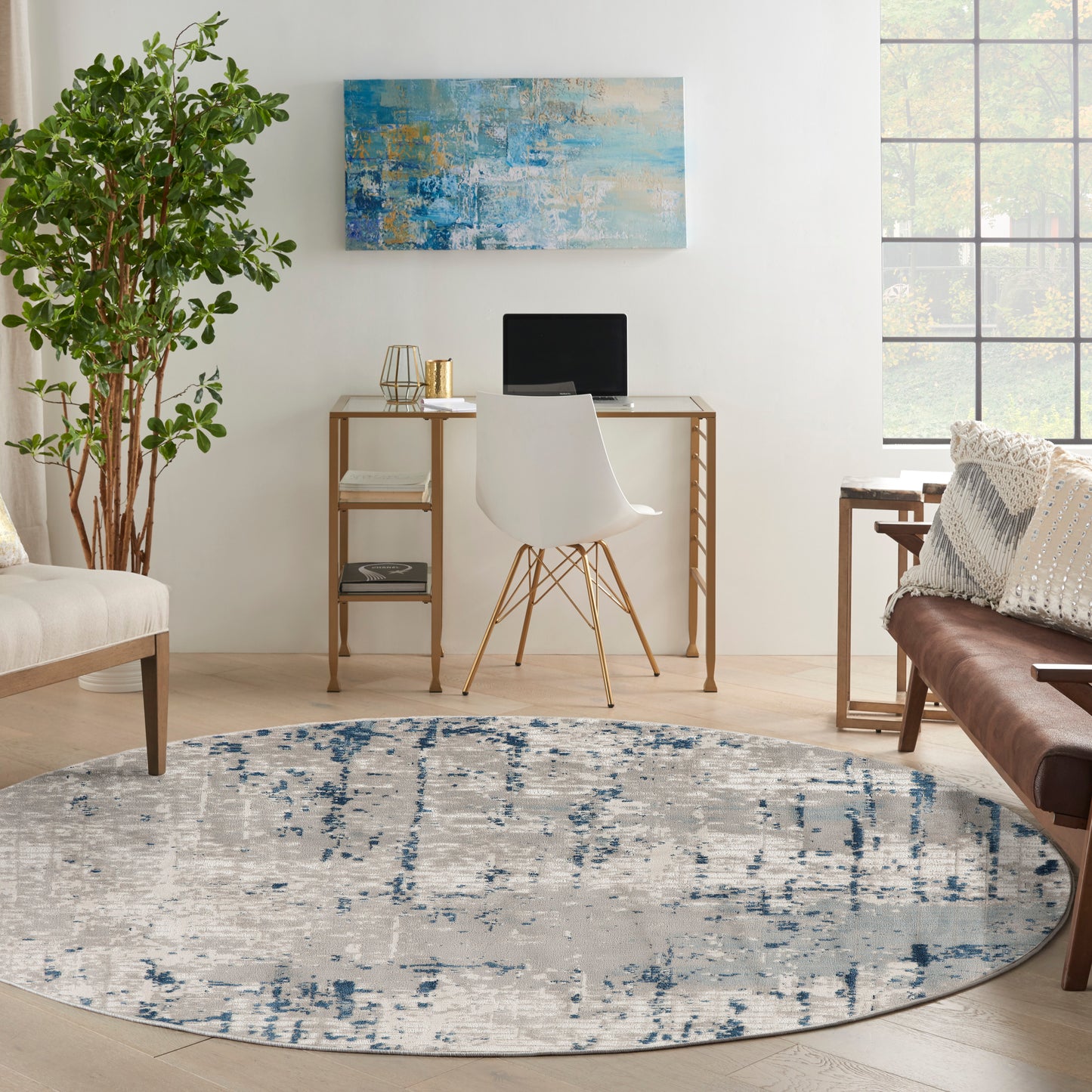 Nourison Quarry 5'3" x Round Ivory Grey Blue Modern Indoor Rug