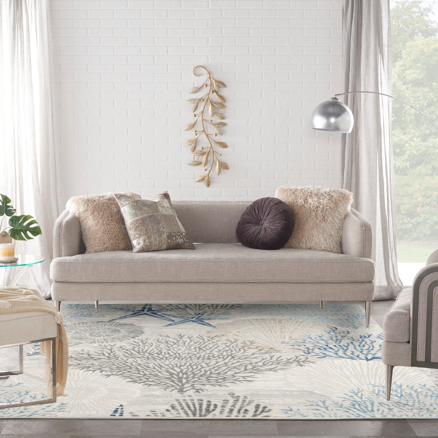 Nourison Seaside 5'3" x Square Ivory Grey Blue Coastal, Nautical & Beach Indoor Rug