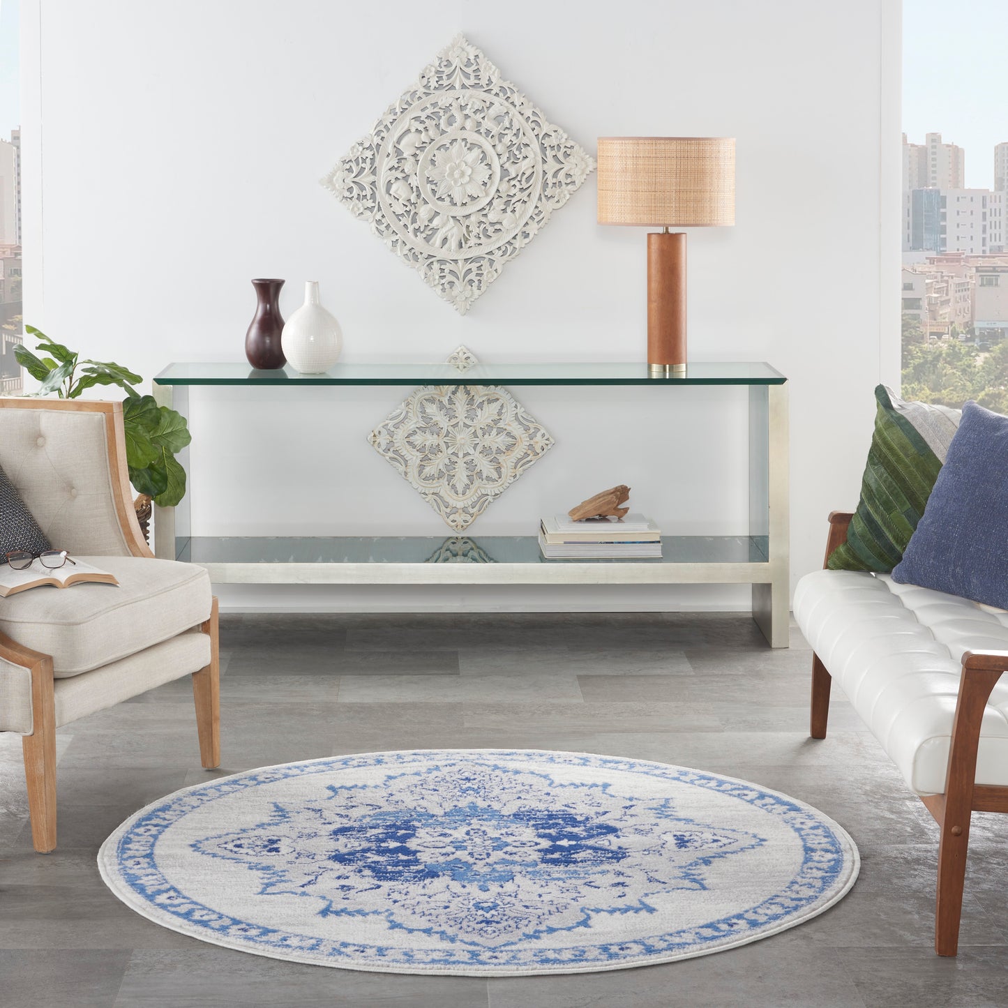 Nourison Whimsicle 5' x Round Ivory Blue Bohemian Indoor Rug