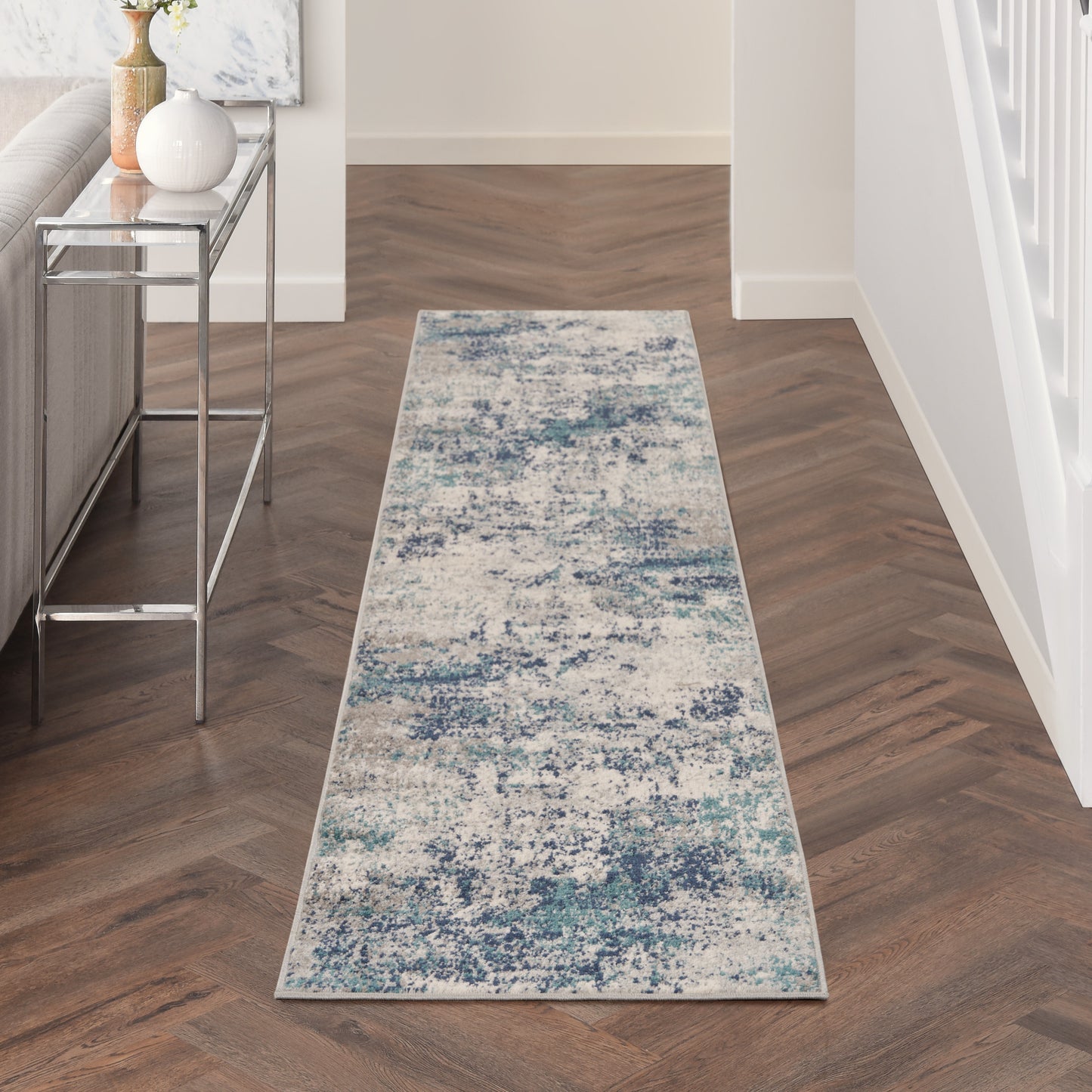 Nourison Passion 2'2" x 10' Ivory Teal Modern Indoor Rug