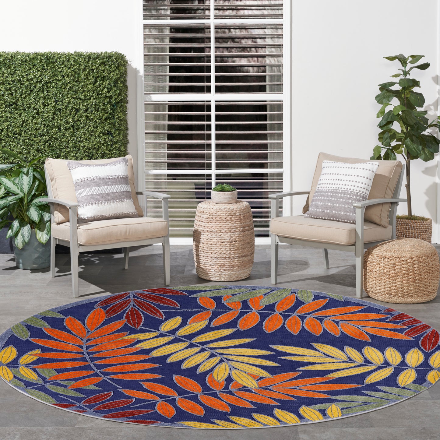 Nourison Aloha 7'10" x Round Navy Multicolor Outdoor Rug
