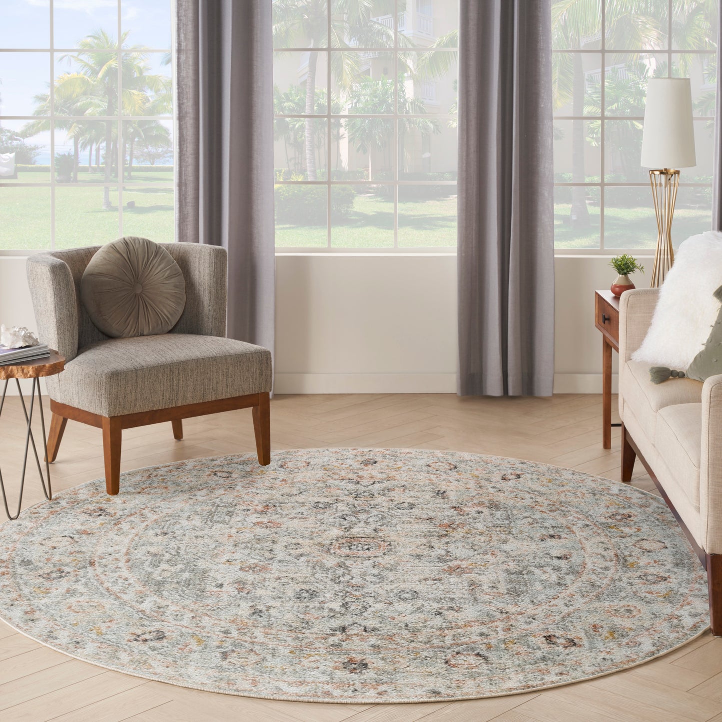 Nourison Oushak Home 7'10" x Round Light Grey Vintage Indoor Rug