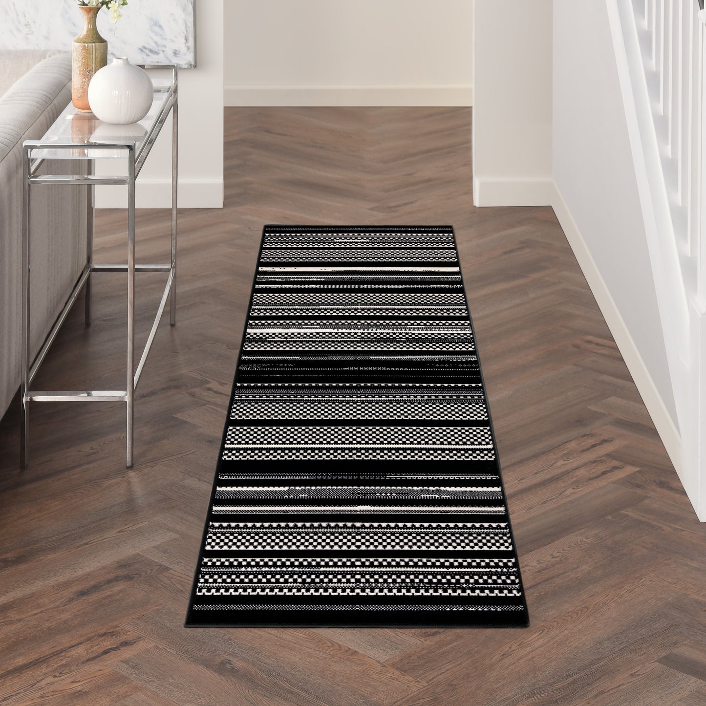 Nourison Grafix 2'3" x 7'6" Black White Modern Indoor Rug