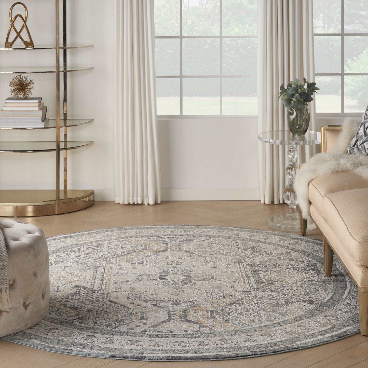 Nourison Lynx 7’10” x Round Ivory Charcoal Vintage Indoor Rug