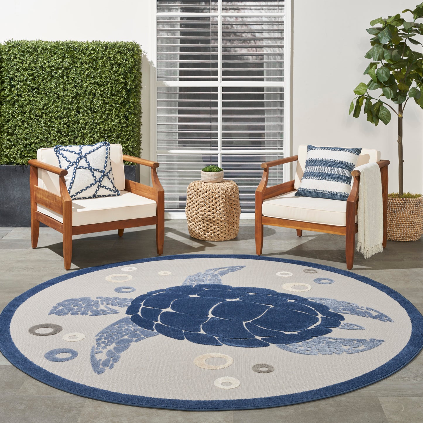 Nourison Aloha 7'10" x Round Navy Blue Coastal, Nautical & Beach Rug