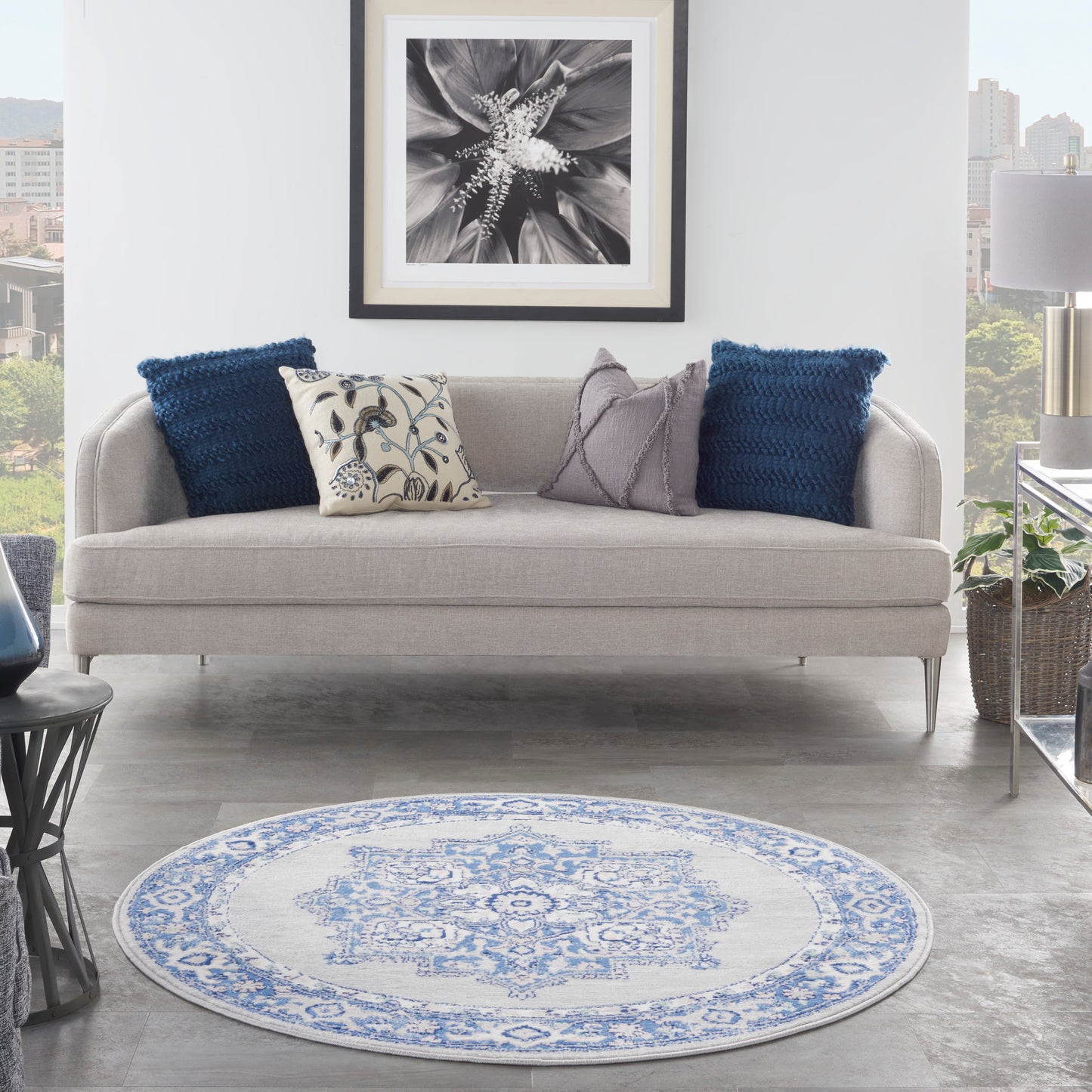 Nourison Whimsicle 5' x Round Grey Blue Farmhouse Indoor Rug