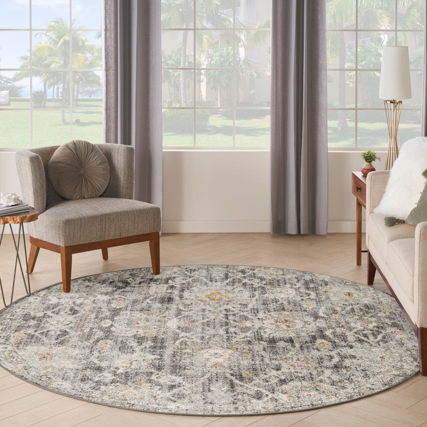 Nourison Oushak Home 7'10" x Round Charcoal Vintage Indoor Rug