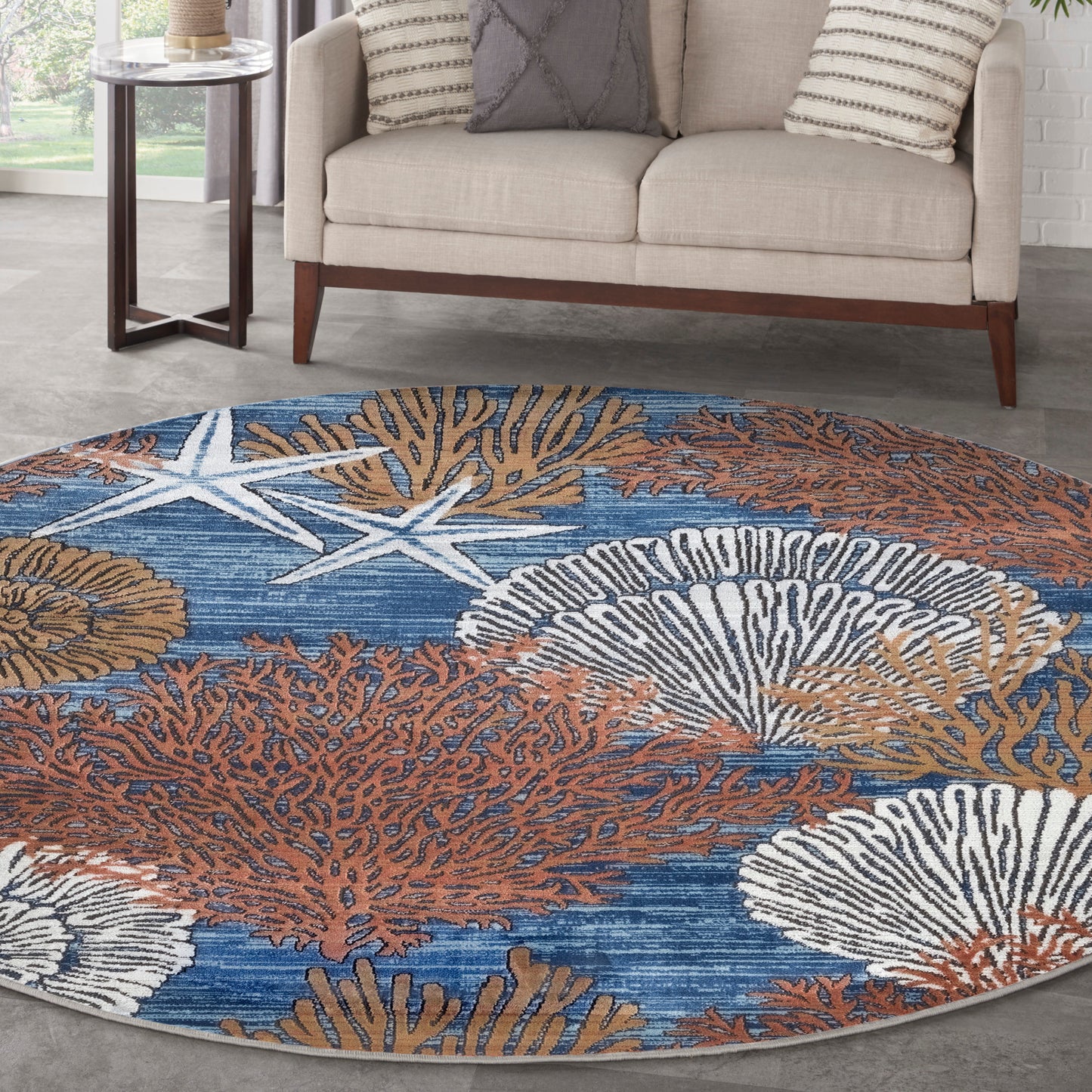 Nourison Seaside 7'10" x Round Blue Multicolor Coastal, Nautical & Beach Indoor Rug