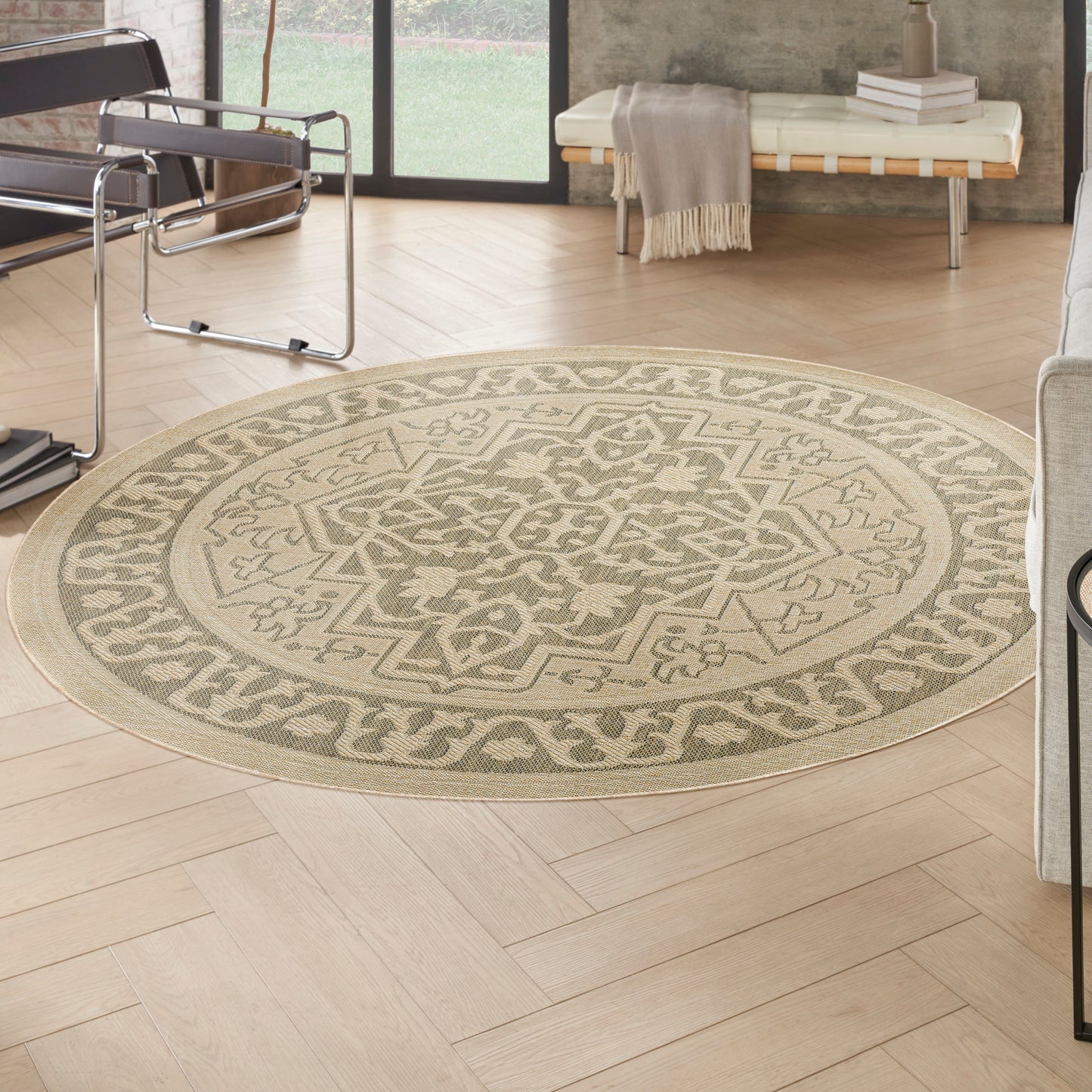 Nourison Tulum 8' x Round Taupe Olive Outdoor Rug