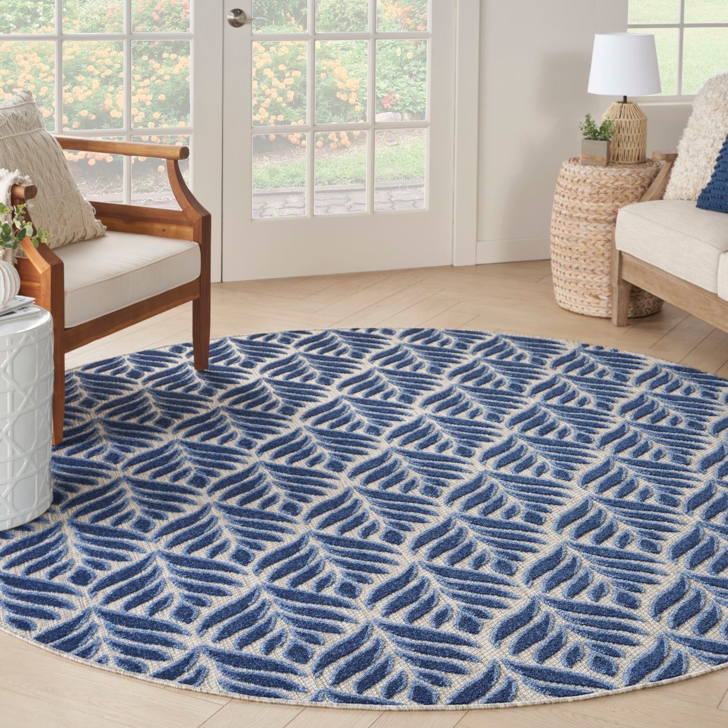 Nourison Aloha 5'3" x Round Blue Tropical Rug