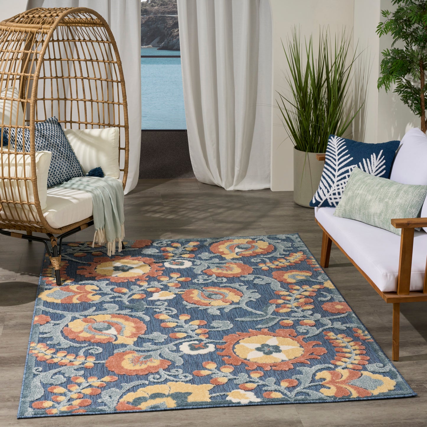 Nourison Aloha 3'6" x 5'6" Blue Rose Farmhouse Rug