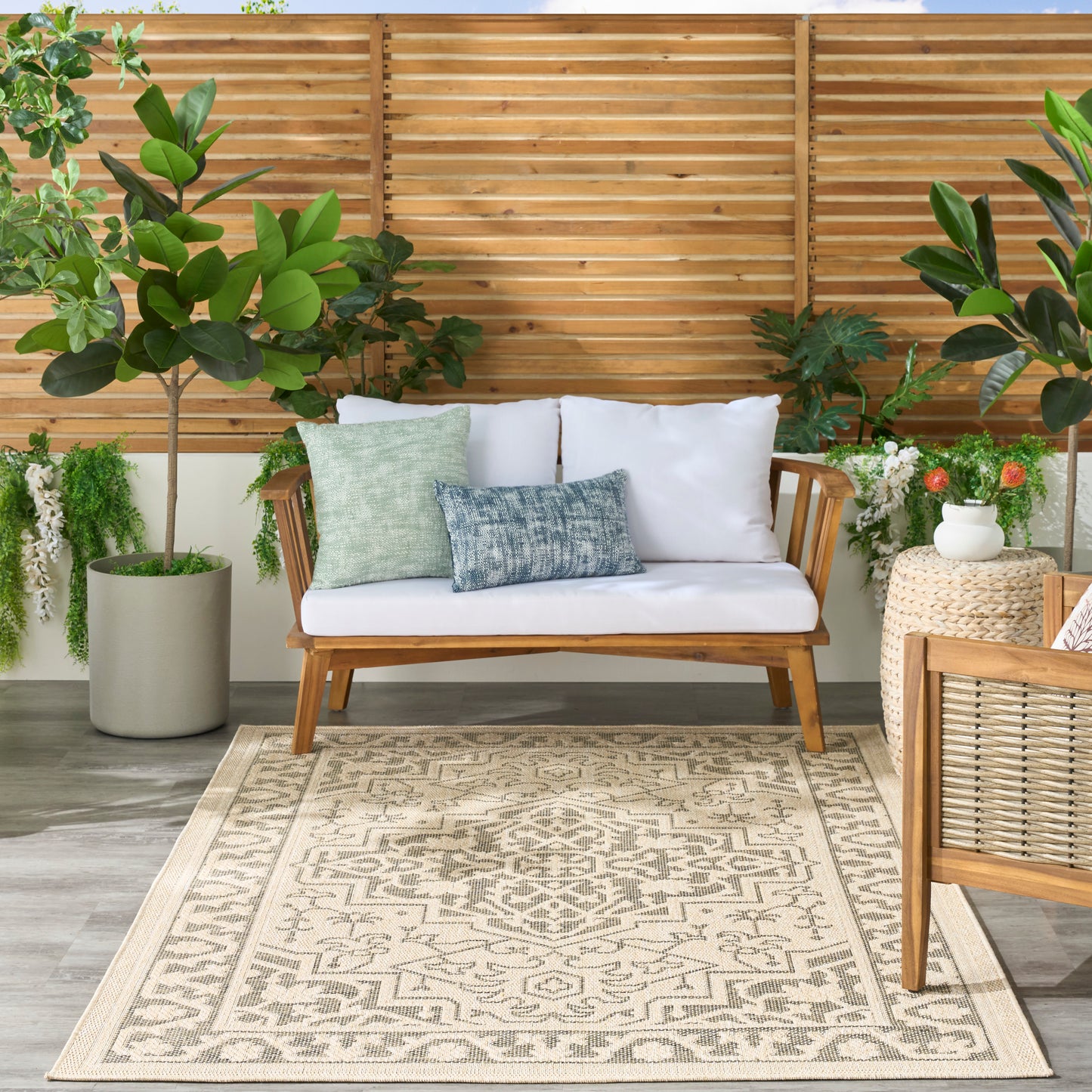 Nourison Tulum 5'3" x 7' Taupe Olive Outdoor Rug