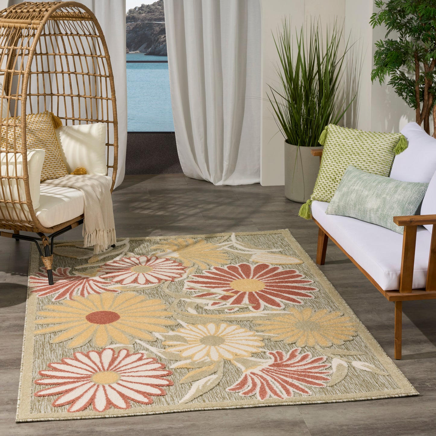Nourison Aloha 5'3" x 7'5" Sage Rose Outdoor Rug