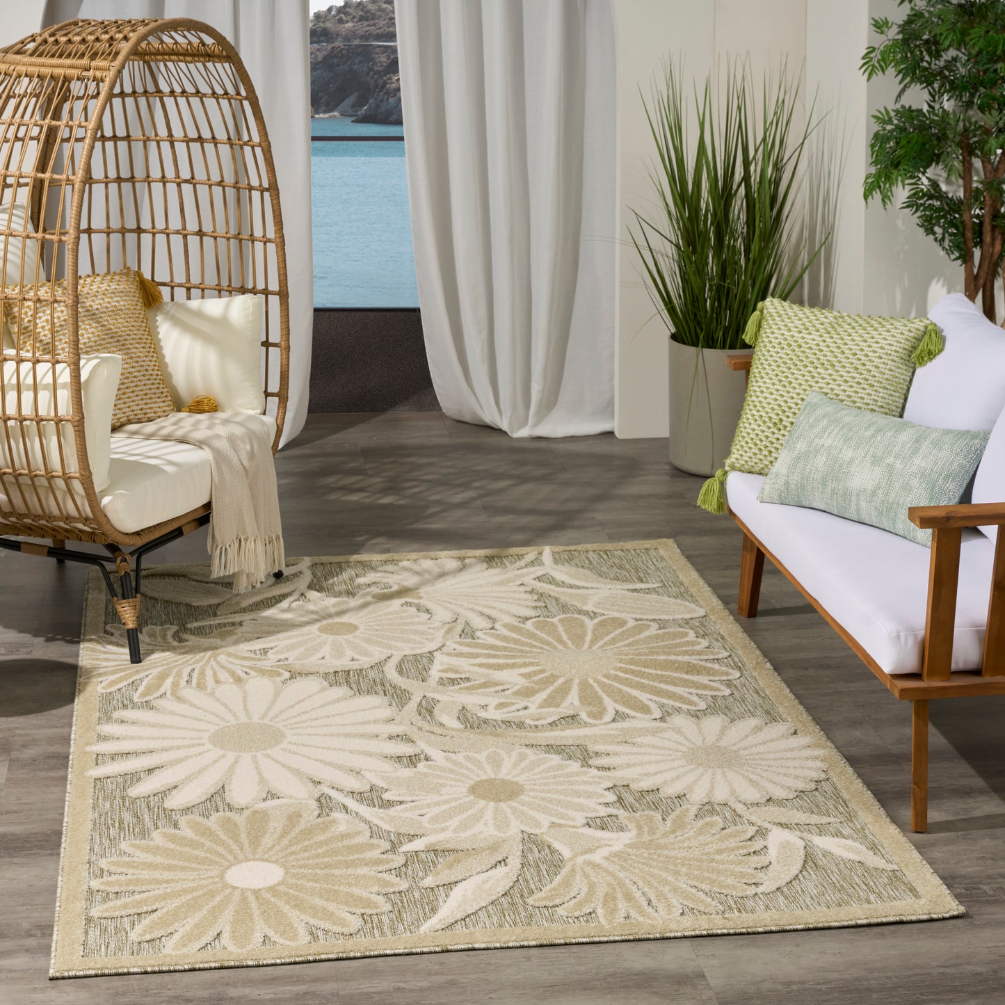 Nourison Aloha 5'3" x 7'5" Ivory Sage Outdoor Rug