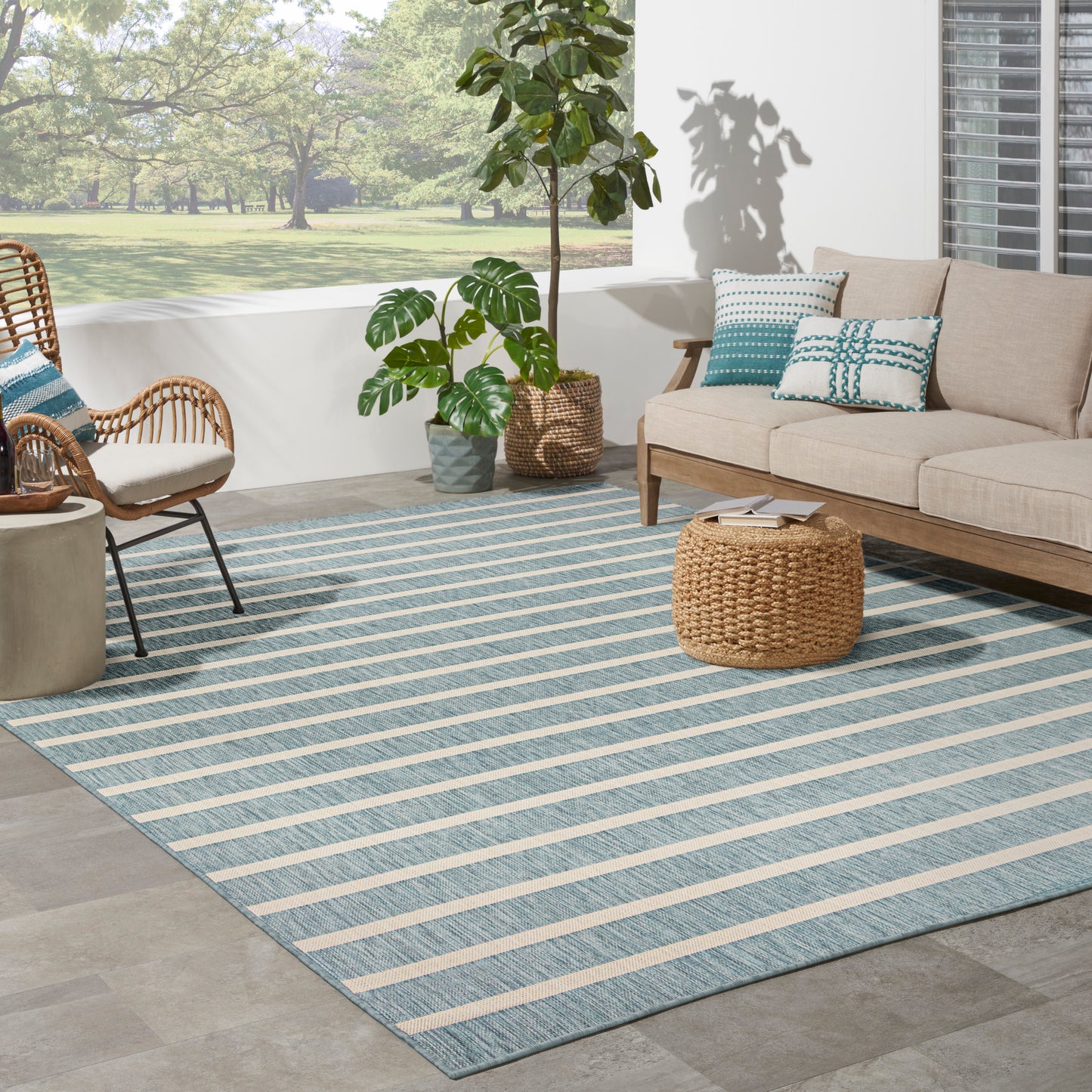Nourison Positano 10' x 14' Aqua Ivory Modern Rug
