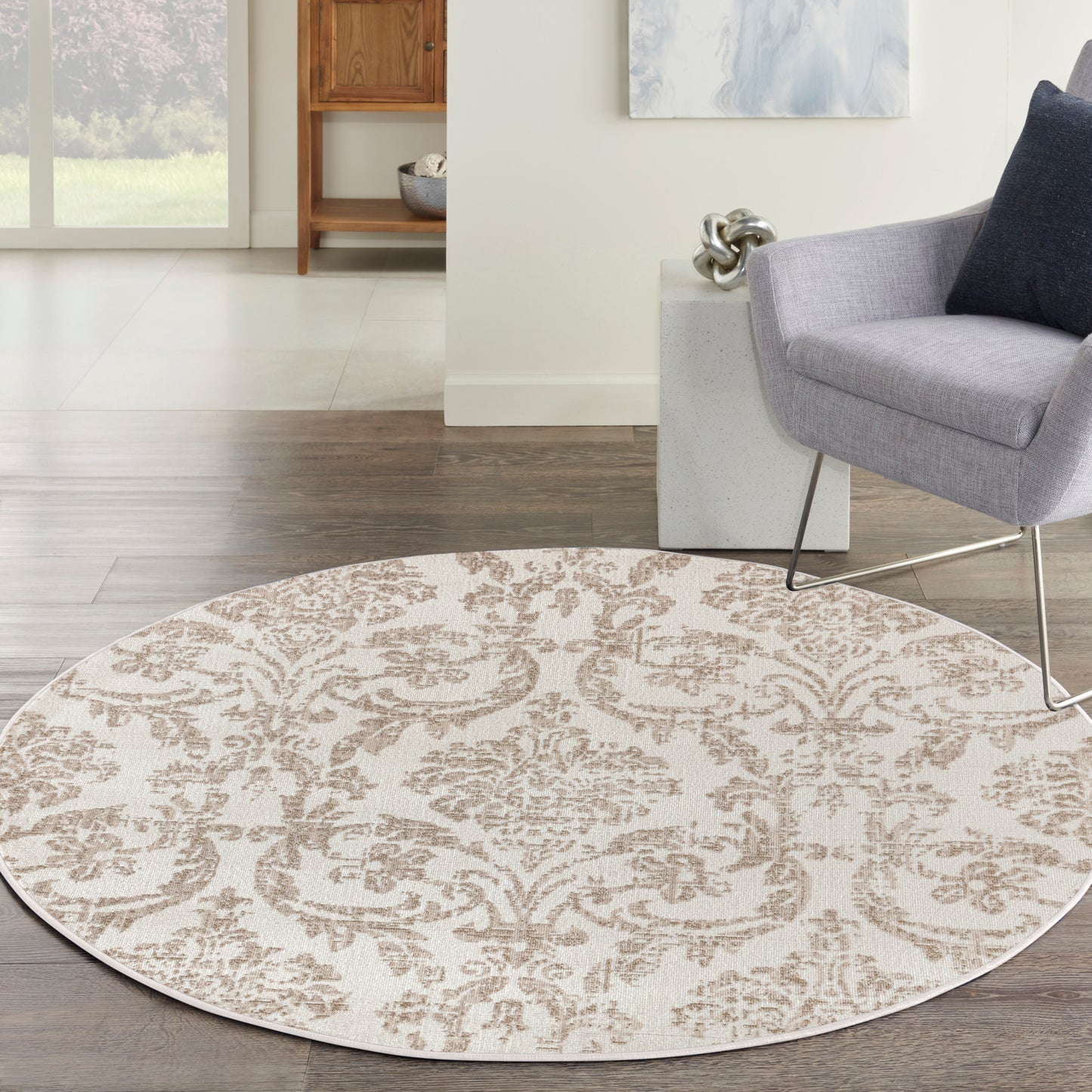 Nourison Jubilant 5'3" x Round Ivory Beige Vintage Indoor Rug