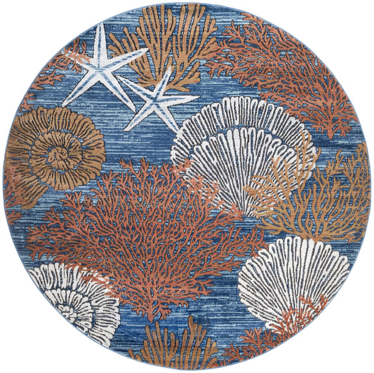 Nourison Seaside 7'10" x Round Blue Multicolor Coastal, Nautical & Beach Indoor Rug