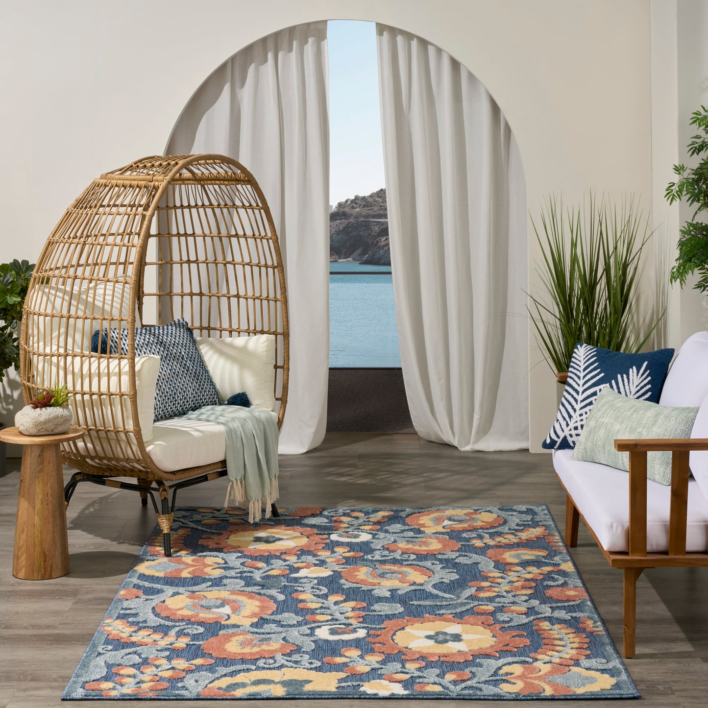 Nourison Aloha 5'3" x 7'5" Blue Rose Farmhouse Rug