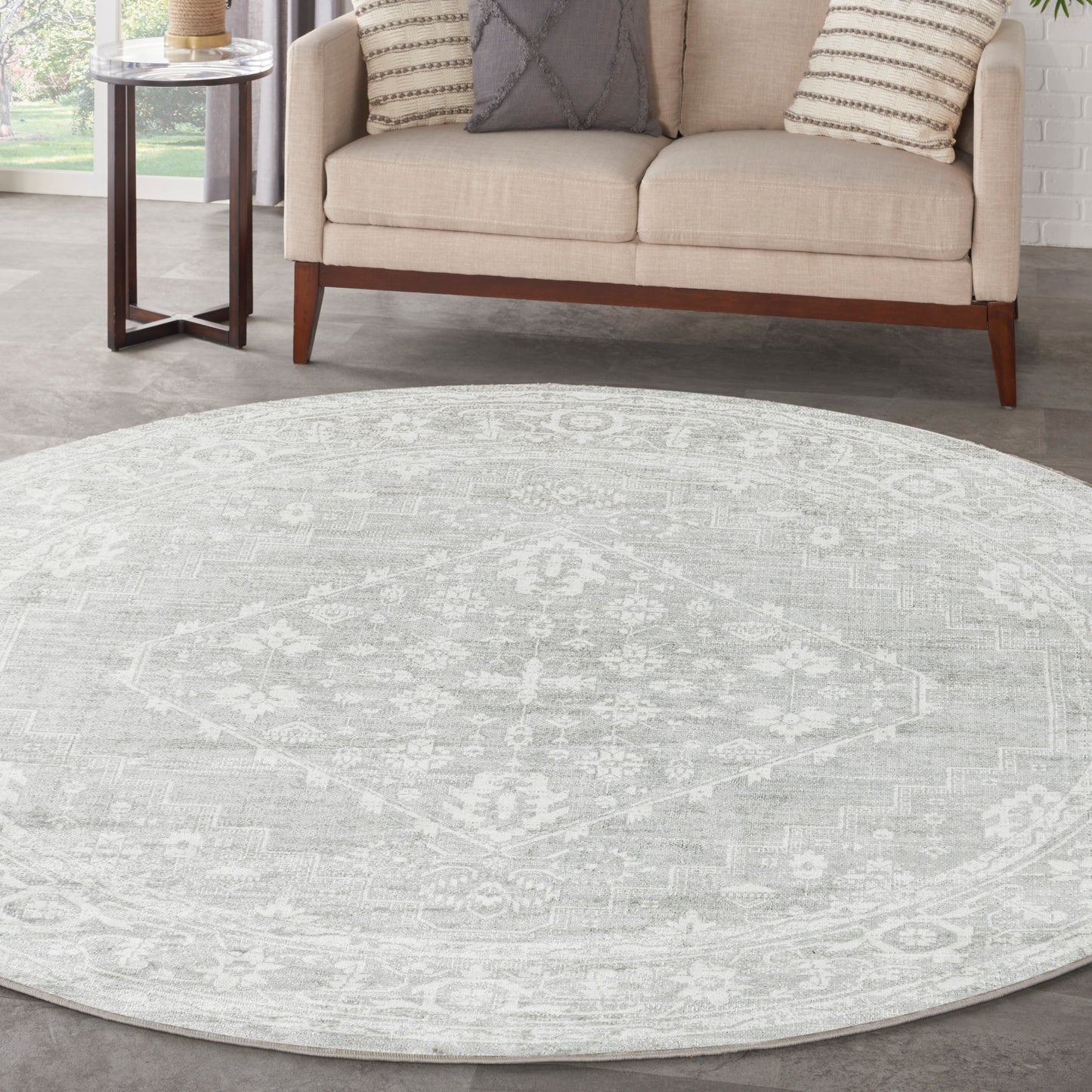 Nourison Astra Machine Washable 7'10" x Round Light Grey Vintage Indoor Rug