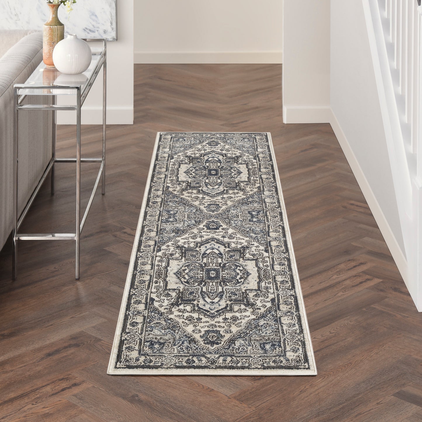 Nourison Quarry 2'2" x 10' Ivory Navy Vintage Indoor Rug