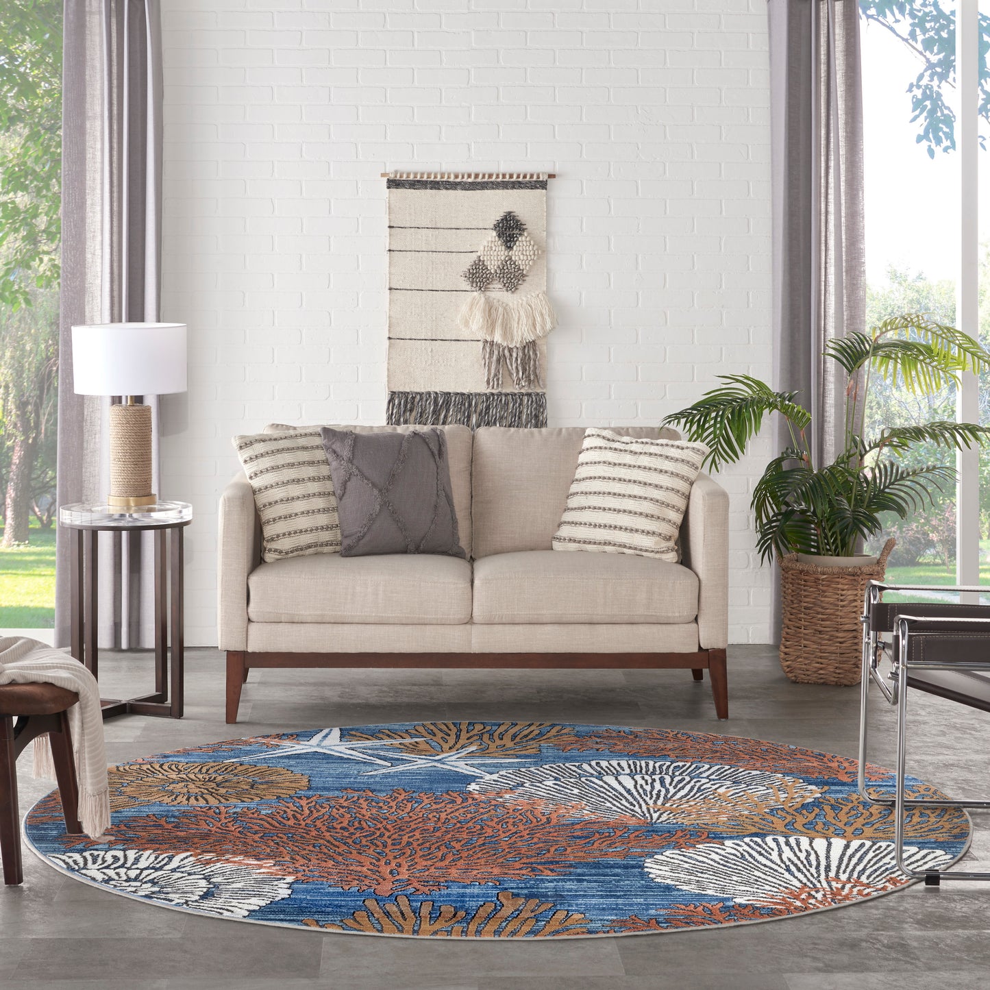 Nourison Seaside 5'3" x Round Blue Multicolor Coastal, Nautical & Beach Indoor Rug