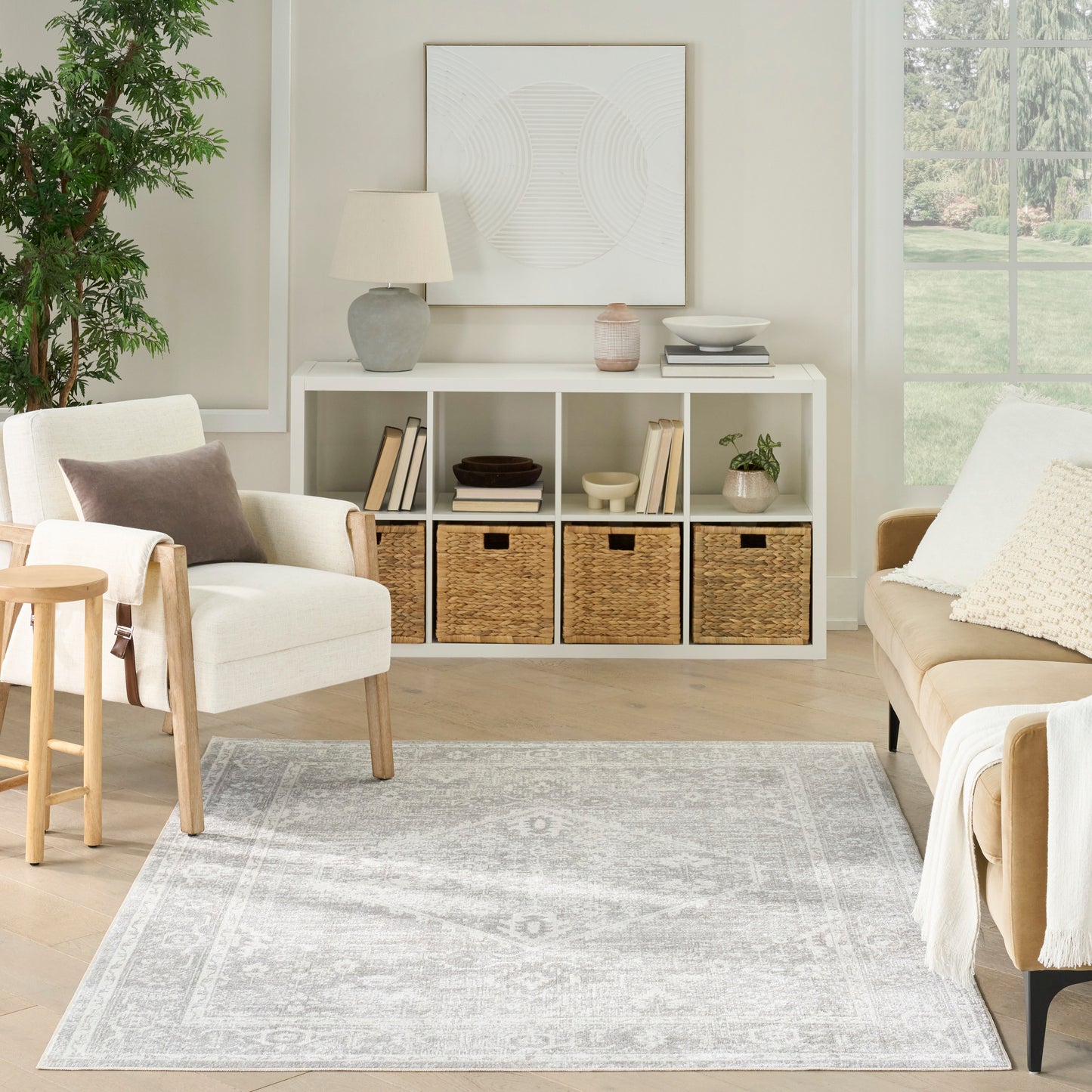 Nourison Astra Machine Washable 6'7" x 9' Light Grey Vintage Indoor Rug