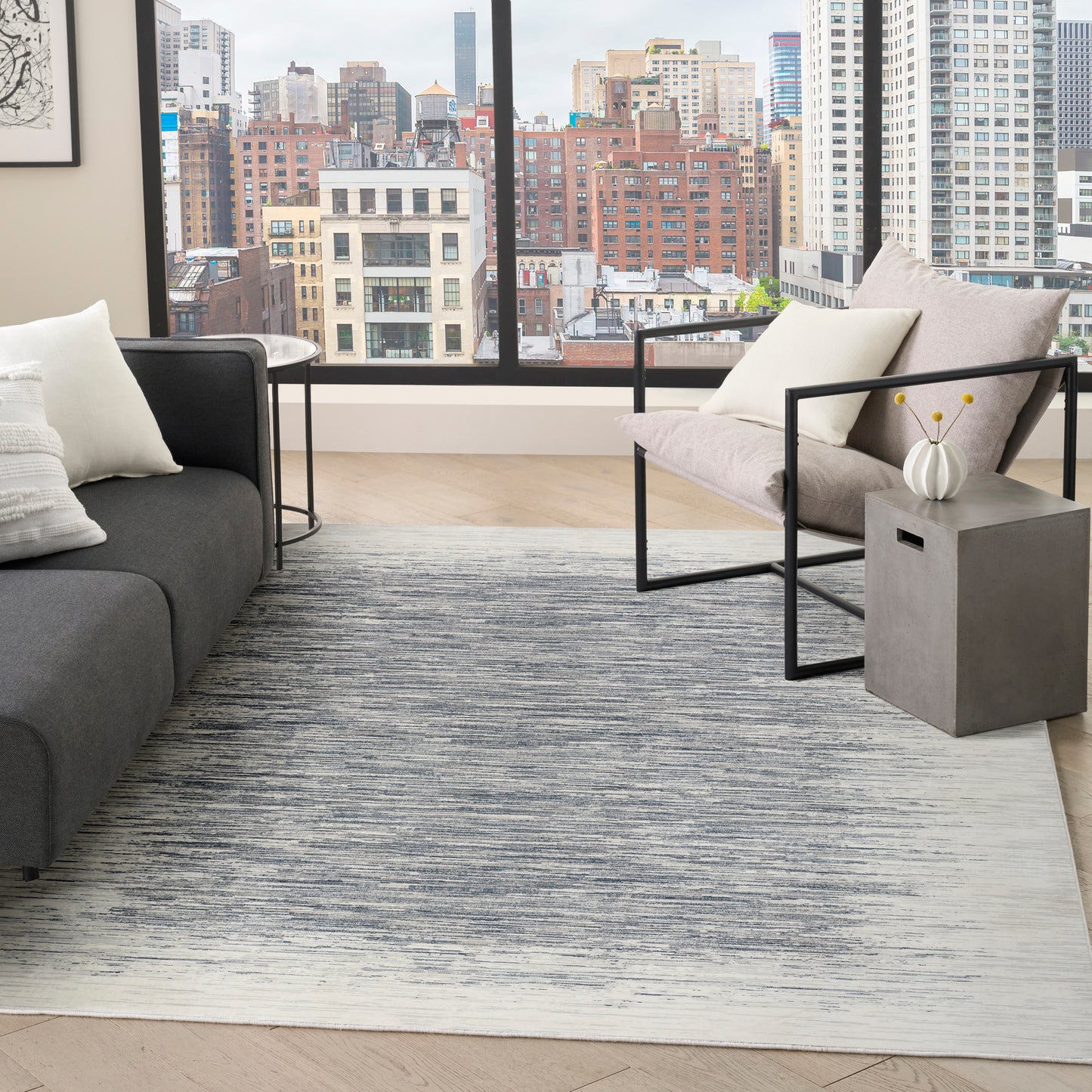 DKNY Grand Street 9' x 12' Ivory Blue Modern Indoor Rug