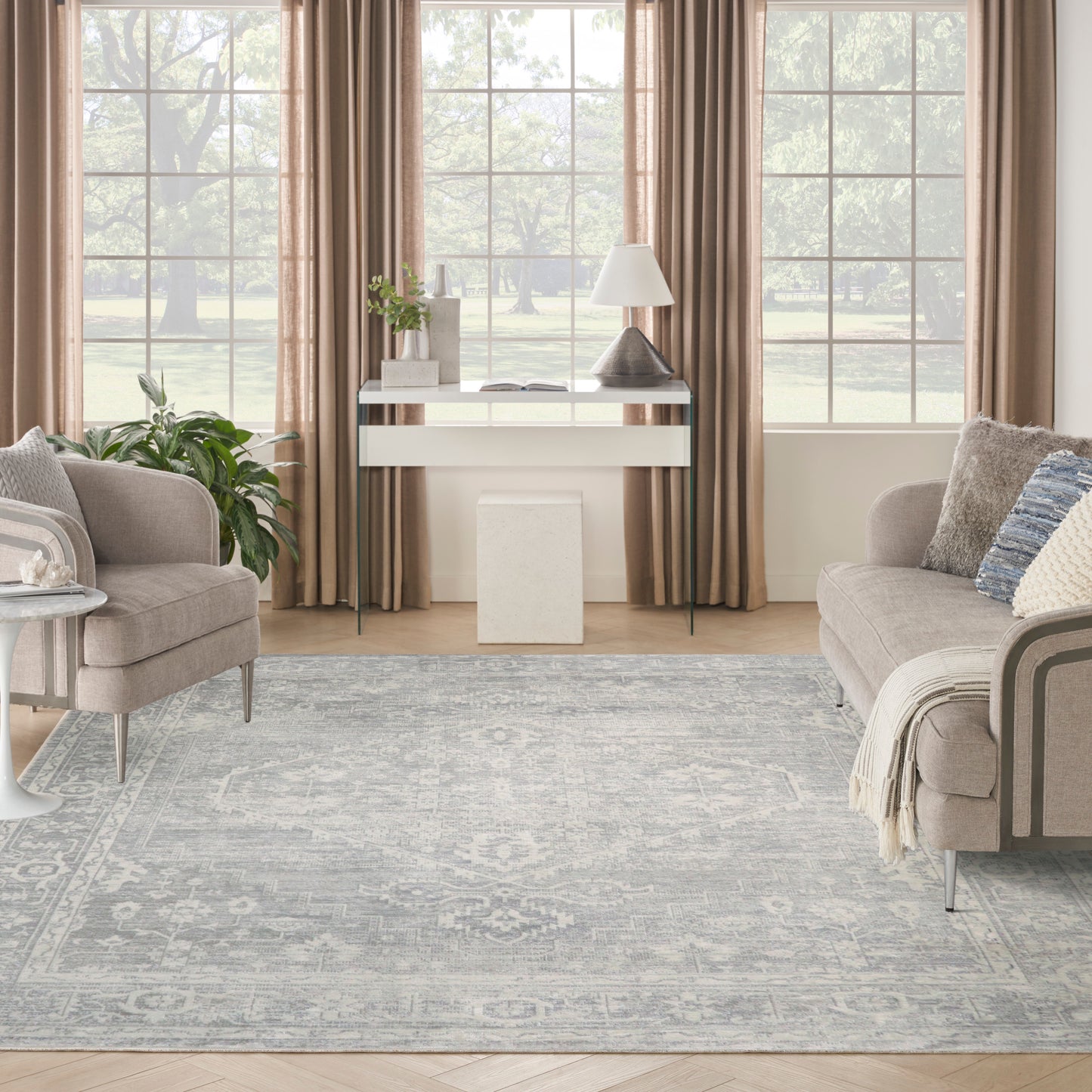 Nourison Astra Machine Washable 9' x 12' Light Grey Vintage Indoor Rug