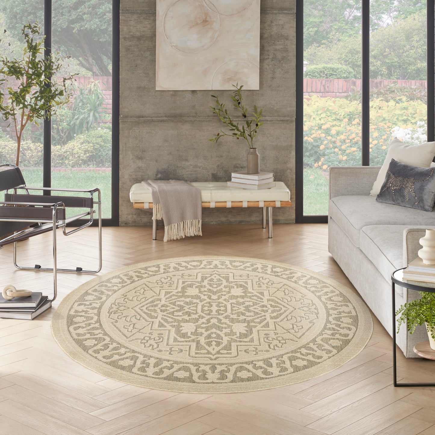 Nourison Tulum 8' x Round Taupe Olive Outdoor Rug