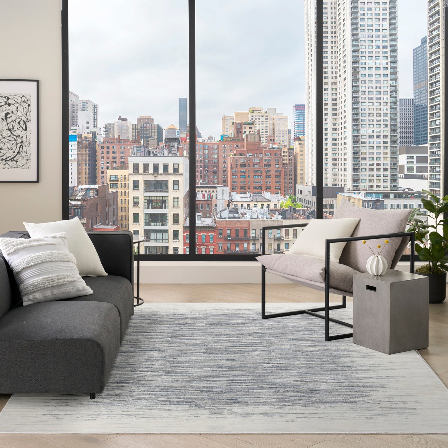 DKNY Grand Street 9' x 12' Ivory Blue Modern Indoor Rug