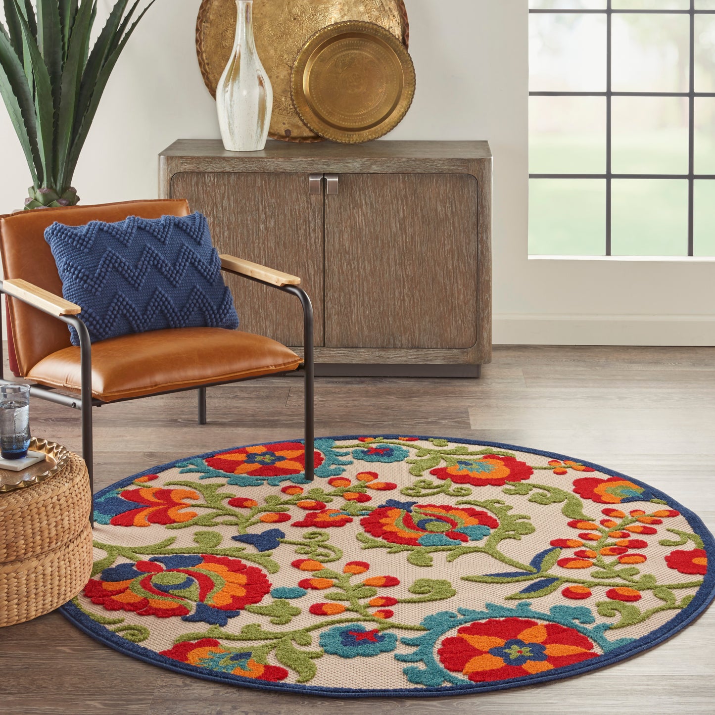 Nourison Aloha 5'3" x Round Multicolor Farmhouse Rug