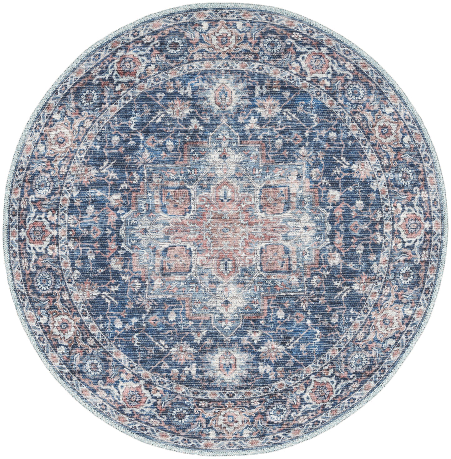 Nicole Curtis Machine Washable Series 1 4' x Round Ivory Navy Vintage Indoor Rug