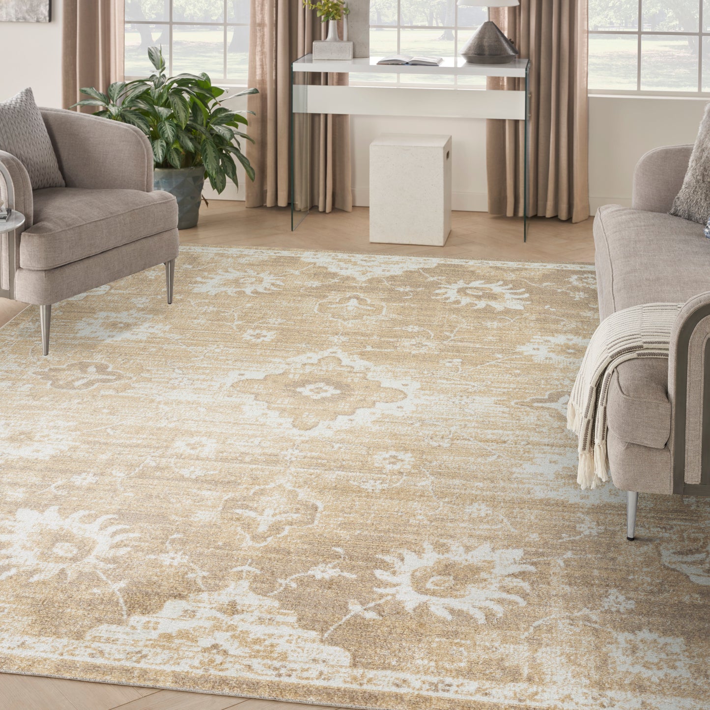 Nourison Astra Machine Washable 9' x 12' Ivory Gold Vintage Indoor Rug