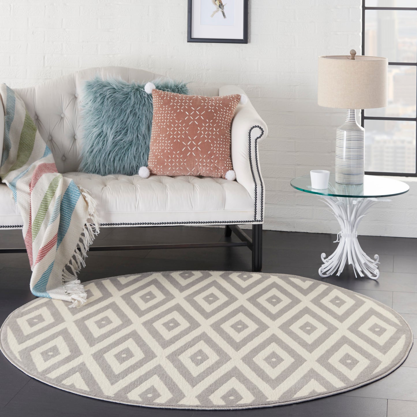 Nourison Grafix 5'3" x Round White/Grey Mid-Century Modern Indoor Rug