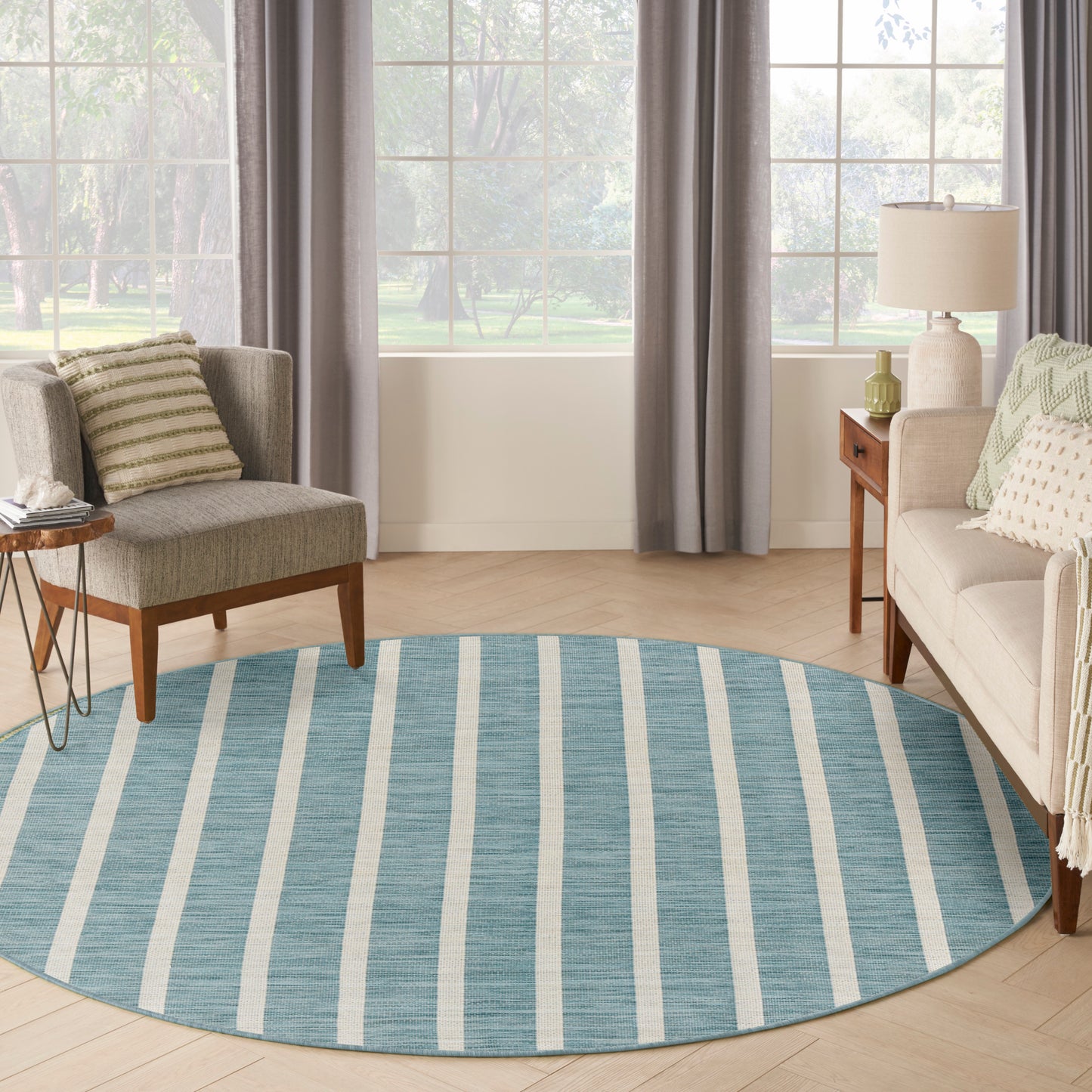 Nourison Positano 6' x Round Aqua Ivory Modern Rug