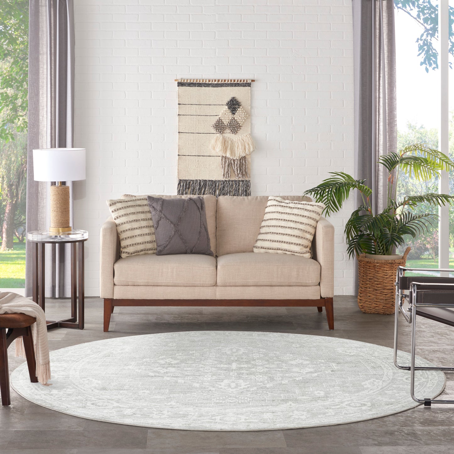 Nourison Astra Machine Washable 5'3" x Round Light Grey Vintage Indoor Rug