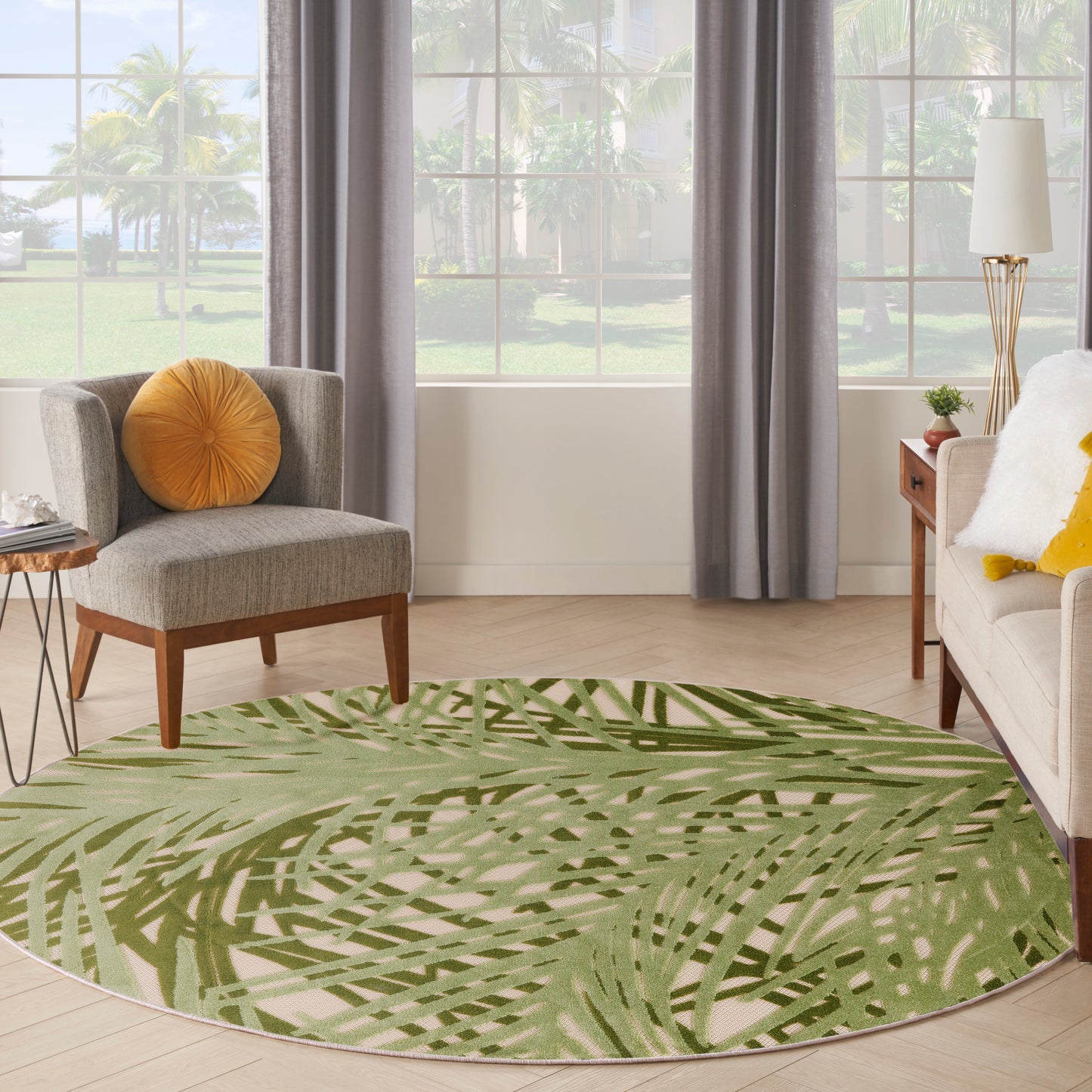 Nourison Aloha 5'3" x Round Ivory Green Outdoor Rug