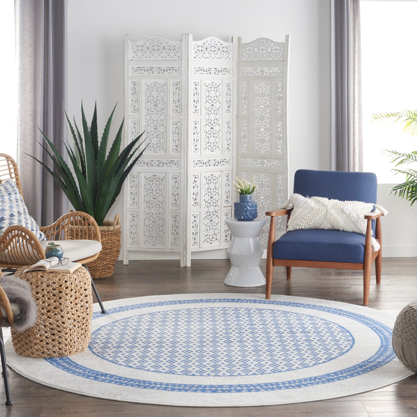 Nourison Whimsicle 8' x Round Ivory Blue Farmhouse Indoor Rug