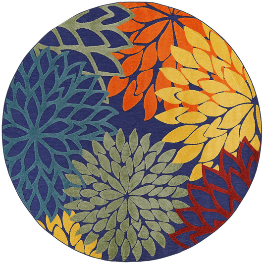 Nourison Aloha 7'10" x Round Navy Multicolor Outdoor Rug