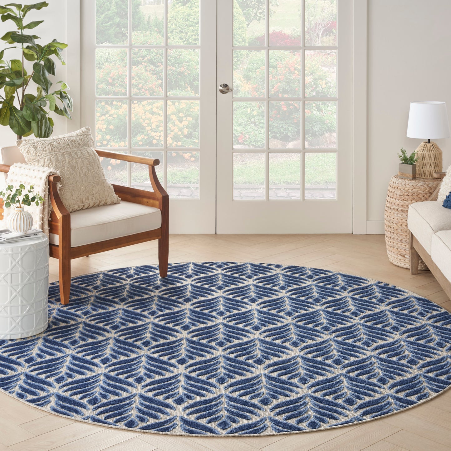 Nourison Aloha 5'3" x Round Blue Tropical Rug
